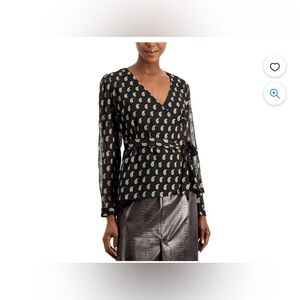 INC Womens Pierretta Wrap Blouse Metallic Gold Black Sheer Long Sleeves Medium